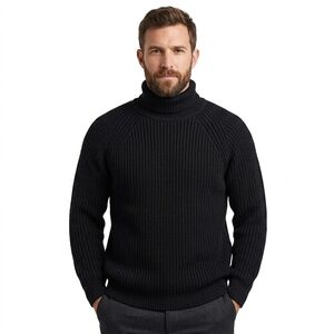 Aran Sweater Market 100% Merino Wool Turtleneck Sweater Black Medium